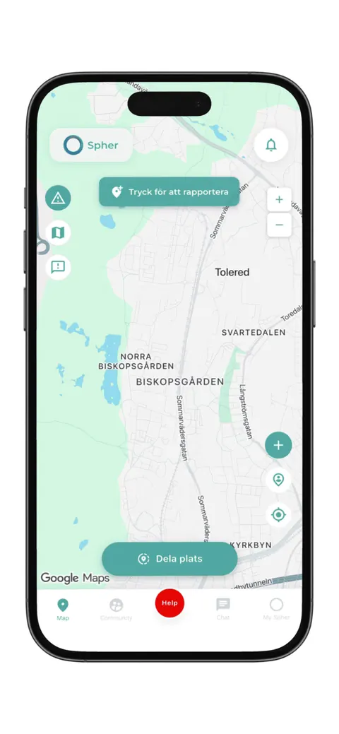 Spher safety app map and smartwatch alert preview