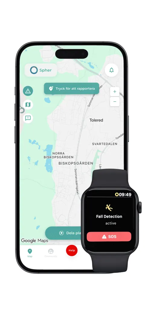 Spher app screen showing community and trusted circle features