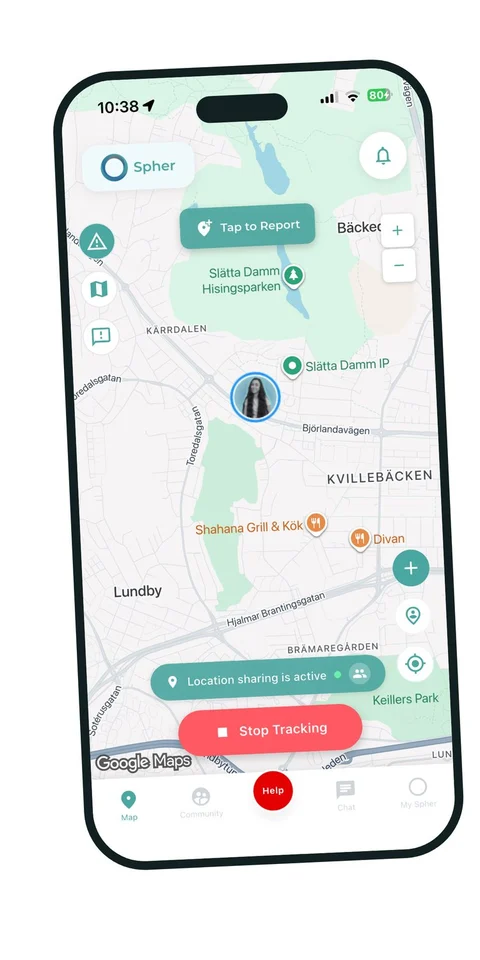 Spher live location screen showing active location sharing