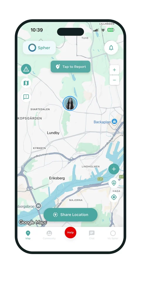Spher Safety Map screen with community reports and location sharing