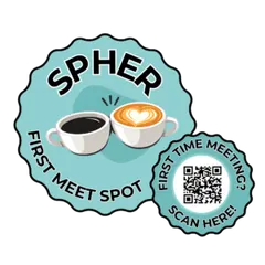 Round Spher First Meet Spot window sticker in turquoise and coral