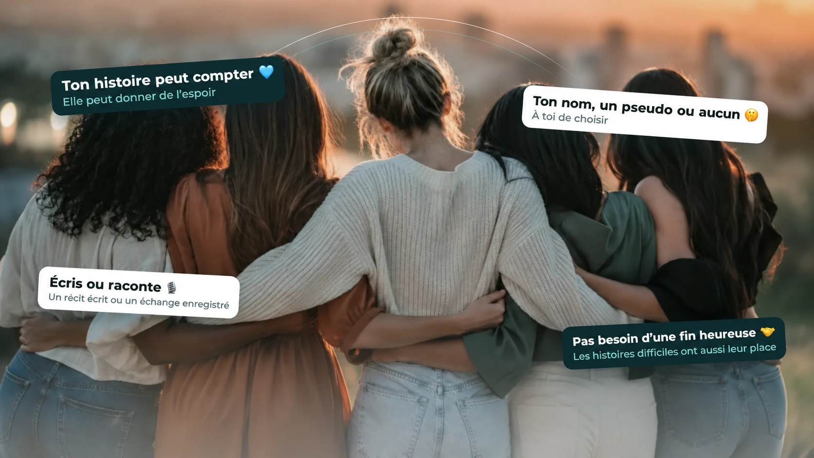 Cinq femmes réunies, avec la possibilité de partager un récit écrit ou un entretien et de choisir comment être nommée