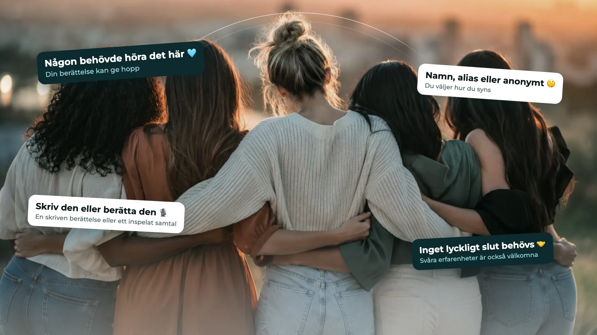 Fem kvinnor står tillsammans, med information om att dela sin berättelse i text eller samtal och välja hur namnet visas
