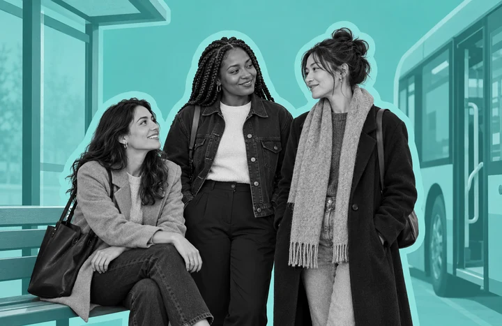 Three women together at a bus stop on a turquoise background